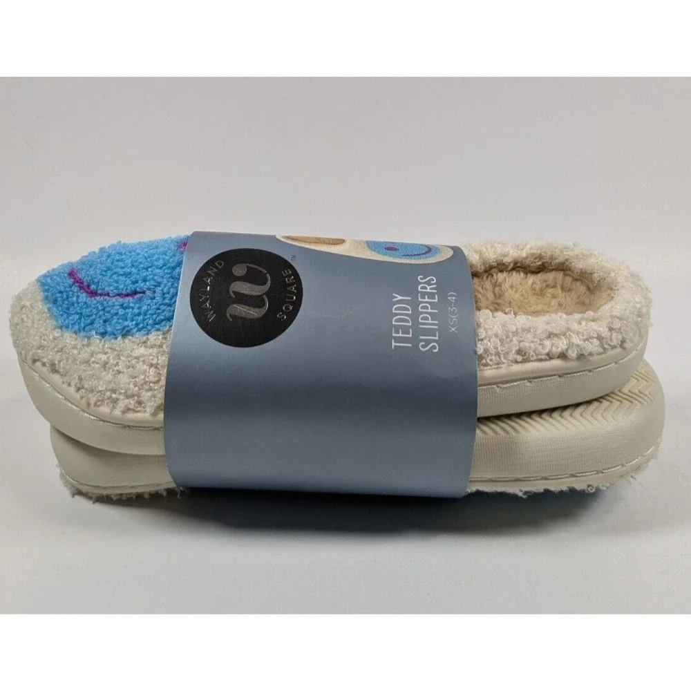 Wayland Square Smiley FaceTeddy Slippers Women's Size XSmall (3-4) Blue & White